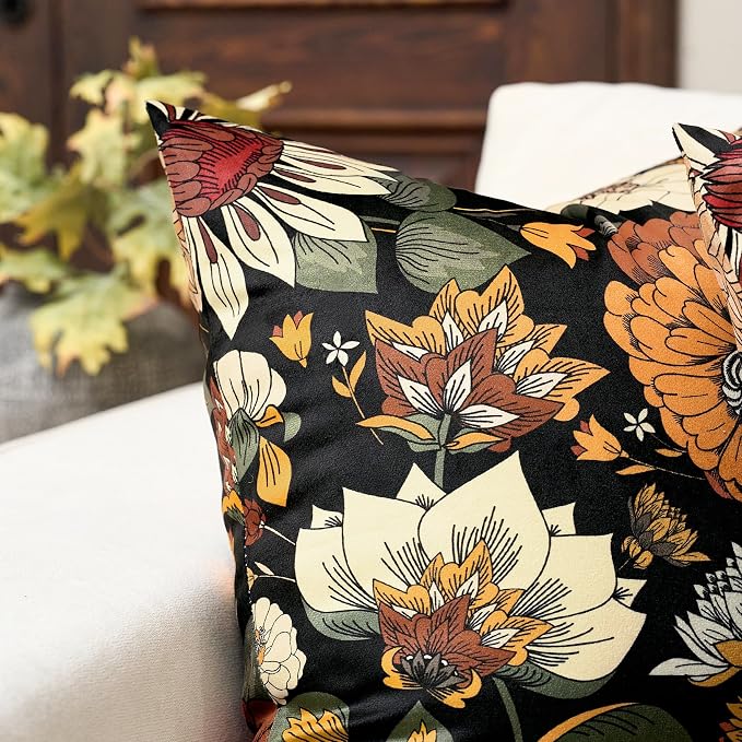 Tyrot Black Boho Floral Velvet Throw Pillow Covers 18x18 Inch Set of 2 Farmhouse Vintage Cushion Covers Mid Century Modern Botanical Home Decor Pillow Cases for Couch Bed Sofa Living Room, Bedroom