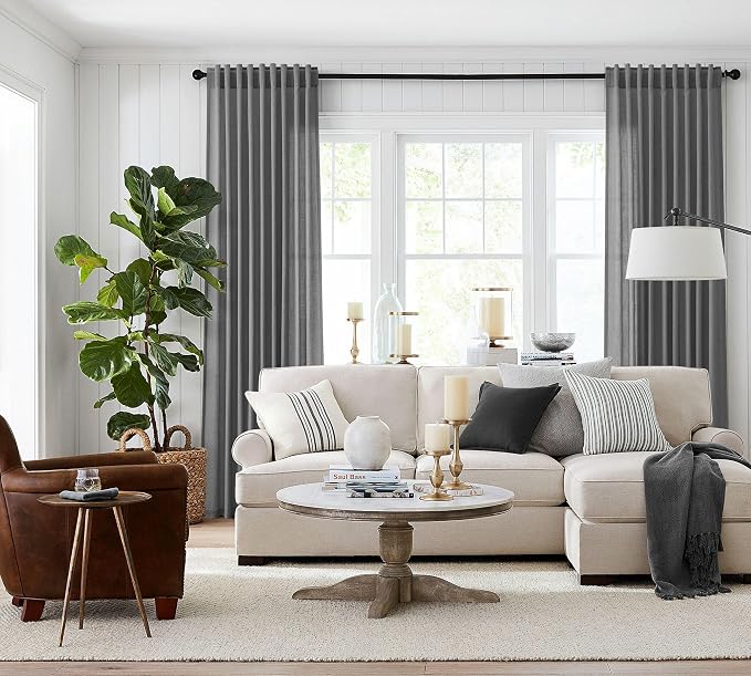 Jowels Dark Grey Linen Curtains 90 Inch Long 2 Panels for Living Room | Light Filtering Semi Sheer Curtain, Back Tab Pocket Pleated Look, Boho Farmhouse Textured Privacy Drapes for Bedroom Window