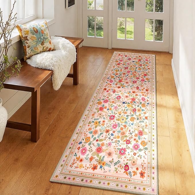 Washable Floral Area Rug for Living Room Runner 2x6 Pink Beige | Non-Slip，Vacuum-Friendly, Low Pile, Flower Carpet for Bedroom Kitchen Entryway Dining Room Office Nursery