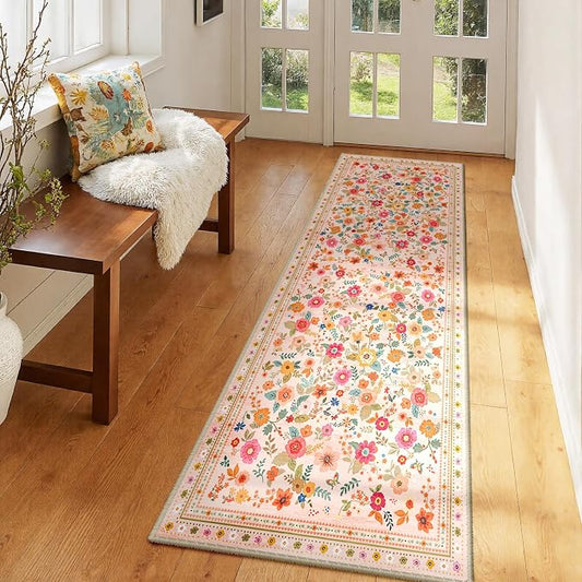 Washable Floral Area Rug for Living Room Runner 2x6 Pink Beige | Non-Slip，Vacuum-Friendly, Low Pile, Flower Carpet for Bedroom Kitchen Entryway Dining Room Office Nursery