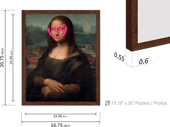 Poster Master Mona Lisa Painting Poster - Smile Face Print - Altered Art - Pop & Defaced Art - Gift for Men & Women - Minimal Decor for Office, Bedroom or Living Room, 16x20 Brown Framed