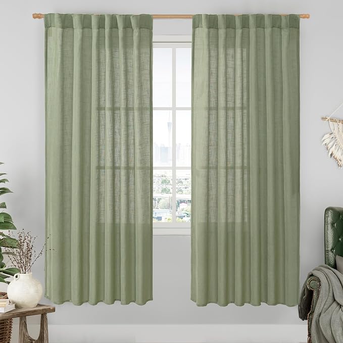 Sage Green Linen Curtains for Living Room, 52 x 78 Inch, 2 Panels | Light Filtering, Semi Sheer Panels, Christmas Curtains for Bedroom, Dinning Room, Sliding Glass Door, Rod Pocket Back Tab