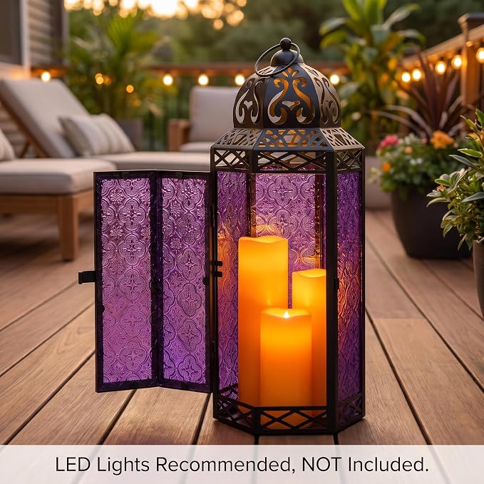 Vela Lanterns Decorative Indoor Tall Floor Candle Holder, Purple, XL | Extra Large Gothic Whimsigoth Decor, Moroccan Lantern, Halloween Witch Lamp, Indoor Outdoor Patio, 16.3" Tall