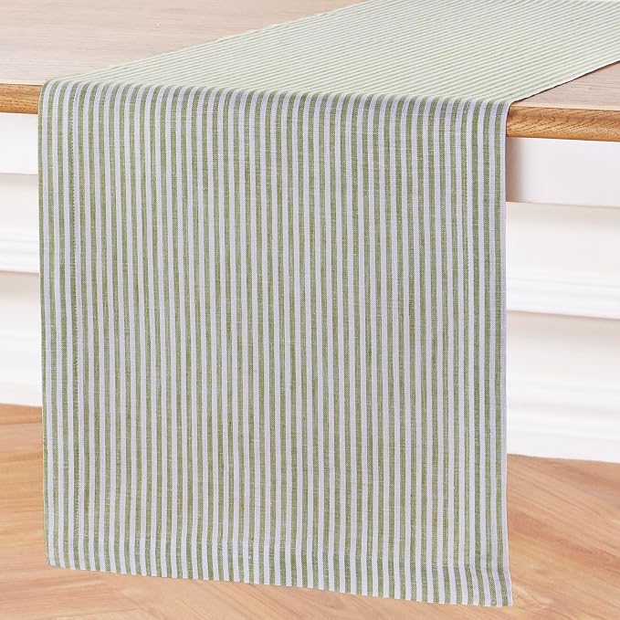 Solino Home 100% Linen Table Runner, 14 x 60 in, Avocado and White Striped | Narrow Stripe, styles dining tables for meals and celebrations, woven stripe, European flax fibres, soft, OEKO-TEX Certified