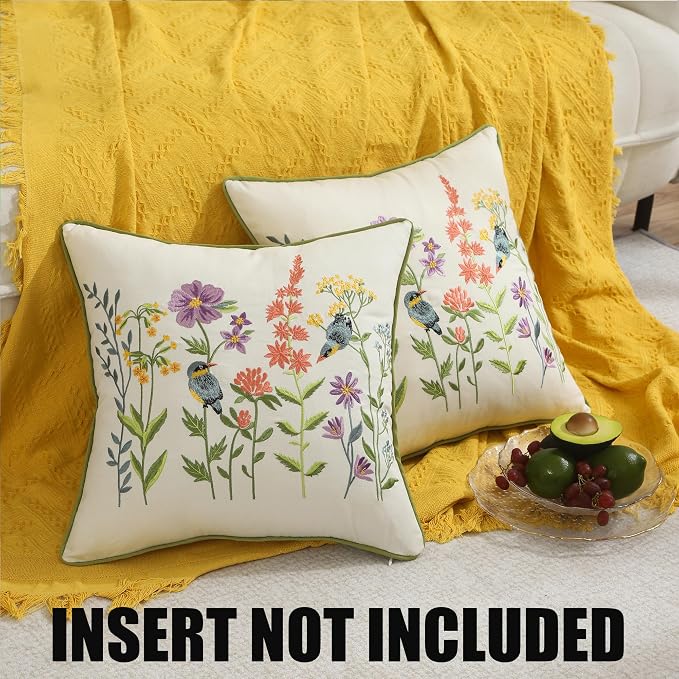 Embroidered Throw Pillow Covers 20x20 Pack of 2 Birds and Flowers | Durable Fabric,Square Pillow Cover,Boho Decorative,Hidden Zipper,Aesthetic Design,Ideal Gift,Machine Washable