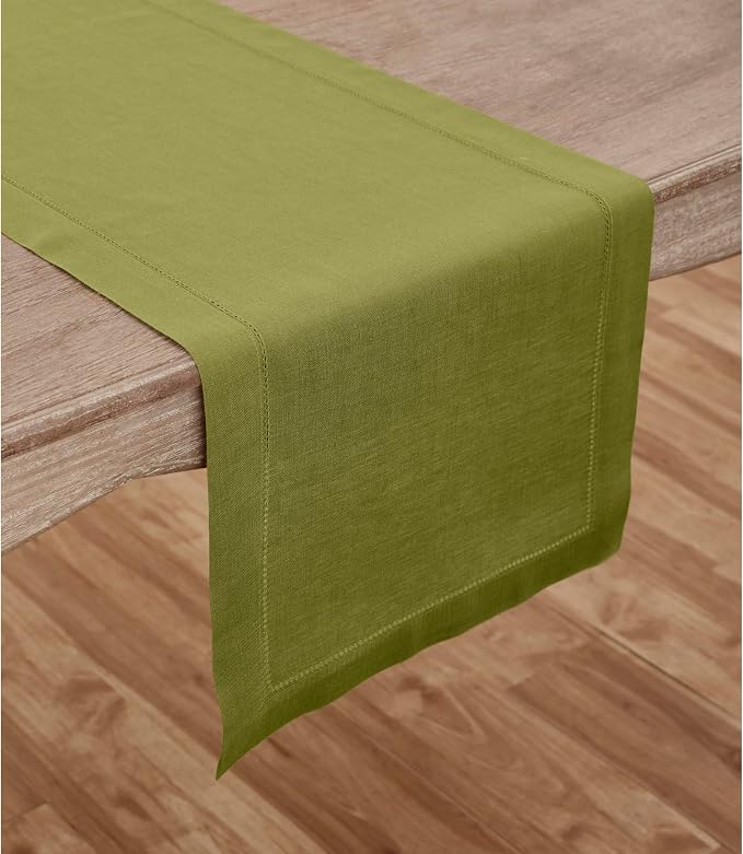 Solino Home 100% Pure Linen Table Runner Avocado Hemstitch, 14 x 108 in | Classic Hemstitch, a graceful centrepiece for dining and gatherings, hemstitched border, mitered corners, OEKO-TEX Certified