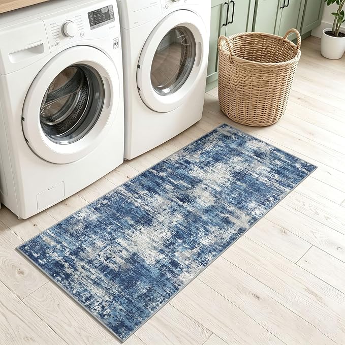 Lansny Abstract Washable Kitchen Runner 2x5 Runner Rug Non Slip for Hallway | Blue;Thin Printed Faux Wool Entryway Runner Indoor;Hallway Runner Rug;Rubber Backed 5ft Floor Carpet Runners;Bedroom Runners
