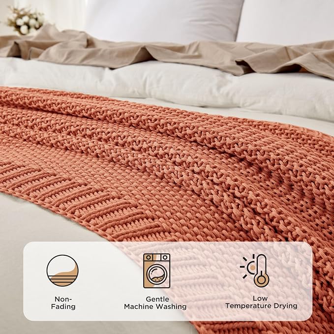 Joydeco Chunky Cable Knit Throw Blanket, Lightweight 100% Cotton Soft Cozy Throw Twin Blanket for Couch Bed and Sofa, Rustic Breathable Farmhouse Blanket Gift for Women Men(Burnt Orange, 51"x63")