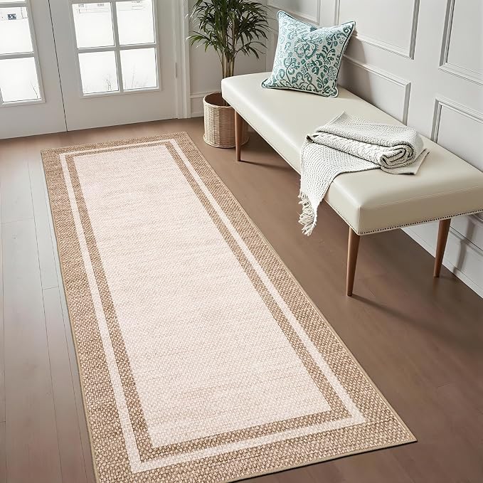 COZYLOOM 2x10 Runner Rug for Bedroom Washable Kitchen Rugs Non Slip Non Shedding Minimalist Rug Stain Resistant Low Pile Floor Cover Foldable Soft Modern Mats for Bathroom, Entryway, Hallway, Beige