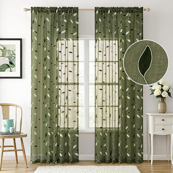 MIULEE Olive Green Sheer Curtains 2 Panels Leaf Patterned, W52 x L63 | Embroidered Floral Semi Sheer,Rod Pocket,Faux Linen,Short Window Curtains Drapes Set for Kitchen/Bathroom/Cafe