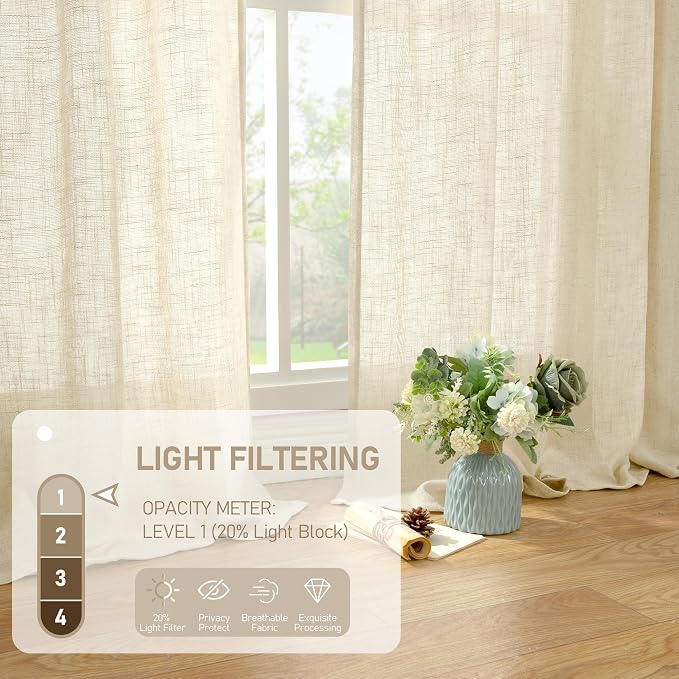 Linen Semi Sheer Curtains 96 inches Long 2 Panels Set, Beige | Light Filtering, Floor to Ceiling Curtains for Bedroom, Living Room, Sliding Glass Door, Rod Pocket Back Tab, 52 x 96 Inch