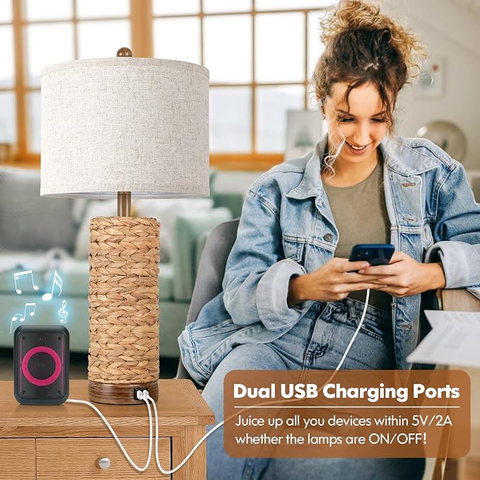 27Inch Tall Rattan Table Lamps Set of 2 for Living Room with 2 USB Ports