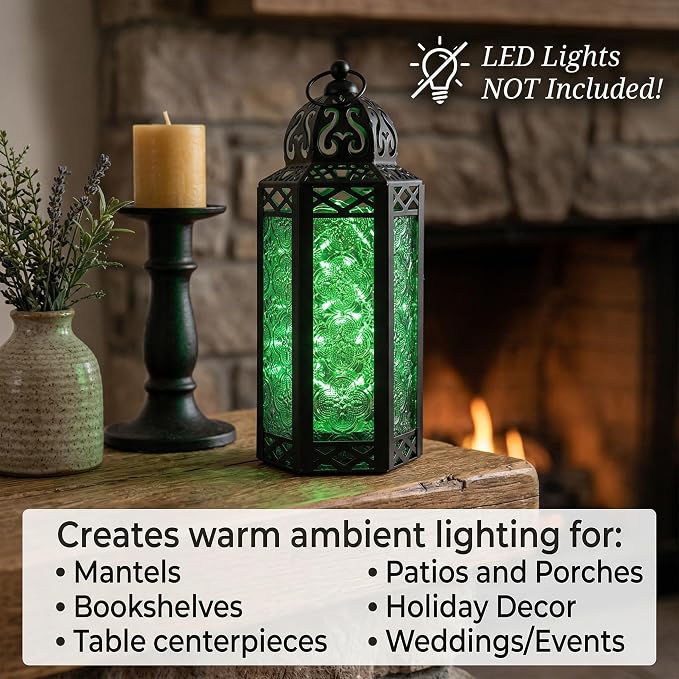Vela Lanterns Decorative Indoor Moroccan Candle Holder, Green, M | Emerald Green Glass Decor, Ramadan Lantern, Turkish Votive Pillar Lamp, Whimsigoth Witch Tealight Holder, 10.5in Tall