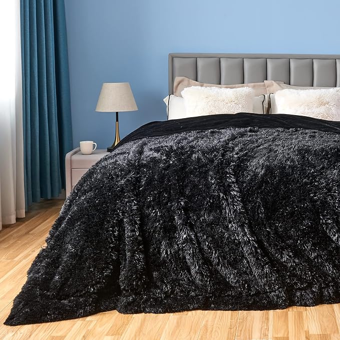 GONAAP Fuzzy Faux Fur Queen Blanket for Couch, Black, 90"x90" | Warm Cozy Plush Shaggy Decorative Reversible Thick Non-Heated Fleece Blanket for Sofa Bed, Gift for Women Men, All Season Use