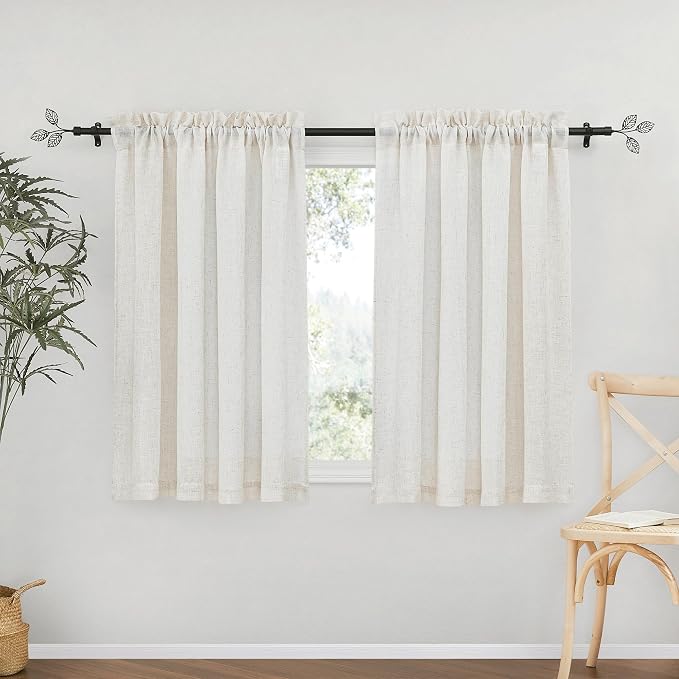 RYB HOME Linen Blend Curtains 54 inches Long for Kitchen | Light Filtering, Thick Heavy Textured Breathable, Semi Sheer Short Drapes, Rod Pocket, W42 x L54, Linen, 2 Panels