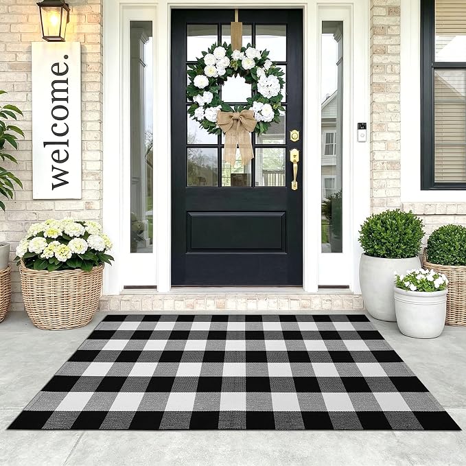 KOZYFLY Buffalo Plaid Area Rugs 3x5 Ft Black and White Checkered Rug Washable Front Door Mat Hand Woven Cotton Outdoor Rug Large Rug for Front Porch Kitchen Entryway Patio Bathroom | Washable Front Door Mat, Woven Cotton Outdoor Rug, Large Rug for Fron...