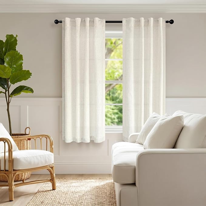Pitalk Light Filtering Linen Curtains 72 Inch Long for Bedroom Ivory Cream Linen Textured Semi Sheer Back Tab Rod Pocket Natural Boho Drapes for Living Room 2 Panels Set 34 x 72 Length 6 FT 6FT Tall