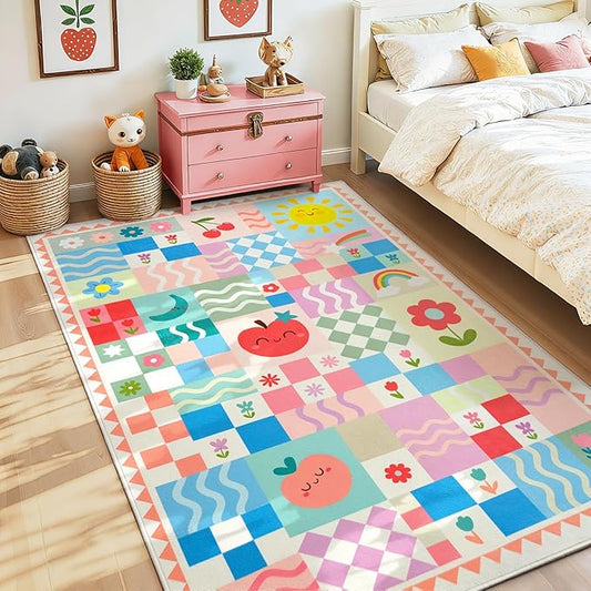 Washable Pink Area Rugs for Bedroom Girls, 3x5 Soft Checkered Playroom Carpet with Cute Sun & Rainbow Fruit Design, Non-Slip Decorative Floor Mat