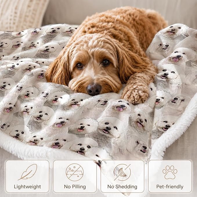 BlessLiving Throw Blanket, White Dog Animal Gift, 60x80 in | sherpa fleece fabric, Bichon Frise Dense Pet Blankets Puppy print, for couch or sofa, pet lovers, easy machine care