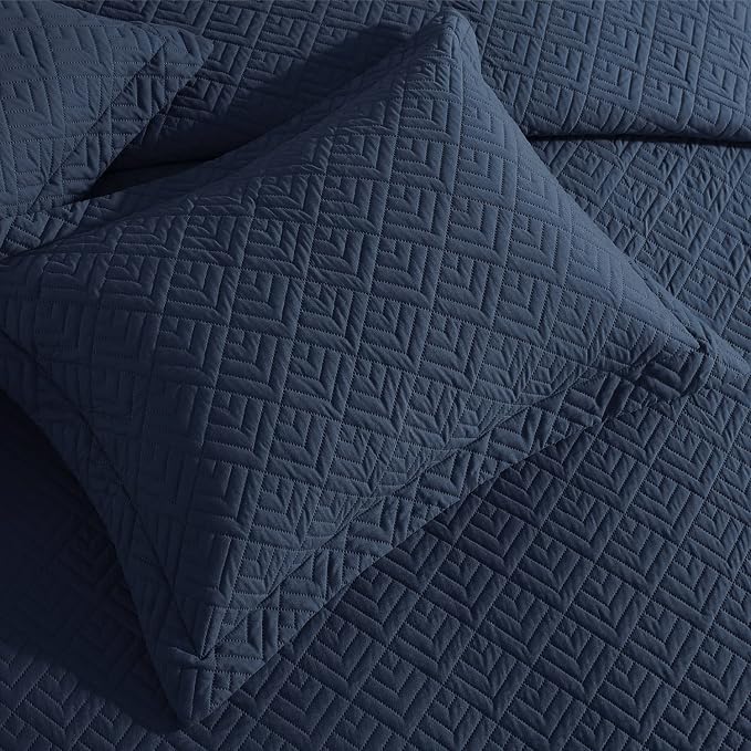 EXQ Home Quilt Set Twin Size Navy 2 Piece,Lightweight Soft Coverlet Modern Style Squares Pattern Bedspread Set for All Season(1 Quilt,1 Pillow Shams)