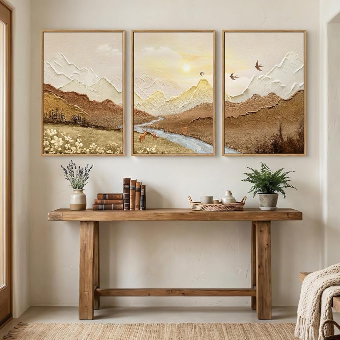 Framed Brown Abstract Mountain Wall Art for Living Room, 3 Piece, 24x36 In | Landscape, Neutral, Sunset scenic, Nature, River, Deer bird print, Minimalist, Rustic, Bedroom decor, Home office, Hallway