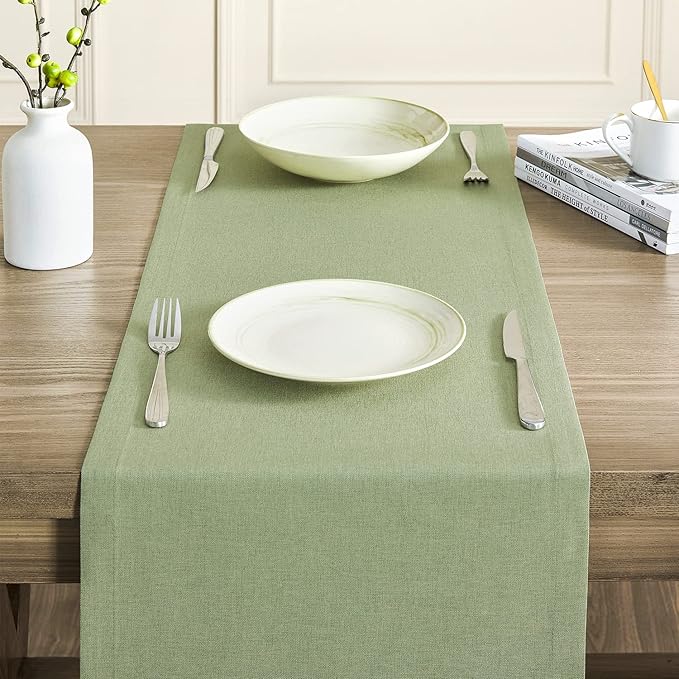 ZeeMart Basic Linen Style Table Runner, 14x108 Inch Sage Green | Mitered Corner Design, Medium Weight Fabric, Rustic Farmhouse Style, Machine Washable Easy Care Everyday Table Scarf