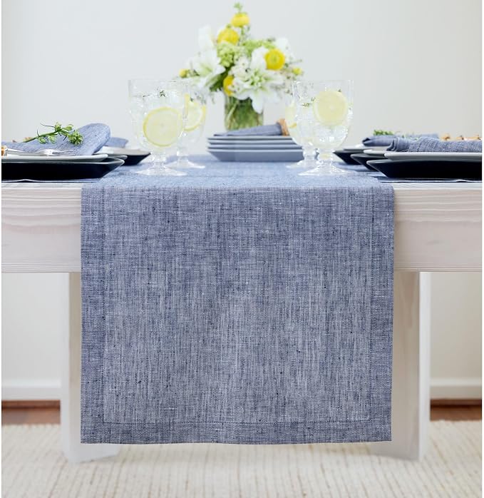 Solino Home 100% Pure Linen Table Runner Indigo Long, Athena 14 x 156 in | a graceful centrepiece for dining and gatherings, European flax fibres, gift ready packaging, soft, fine, OEKO-TEX Certified