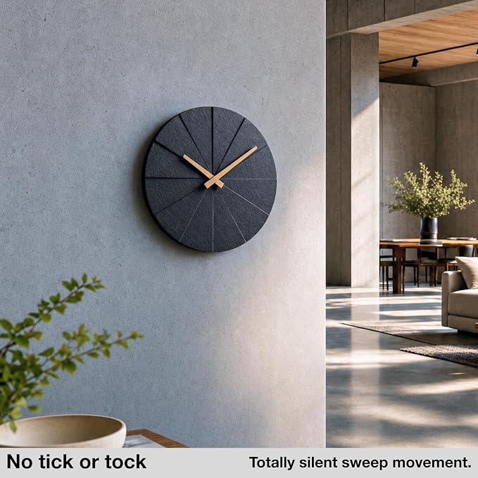 Driini Modern Wall Clock with No Numbers and Wooden Hands. Black,12.5 Inch | Silent battery operated quartz; frameless oversized polyresin face; decorative minimalist style for a living room or office.