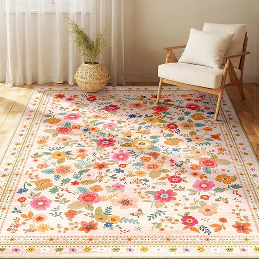 Washable Floral Area Rug for Living Room 3x5 Pink Beige | Non-Slip，Vacuum-Friendly, Low Pile, Flower Carpet for Bedroom Kitchen Entryway Dining Room Office Nursery