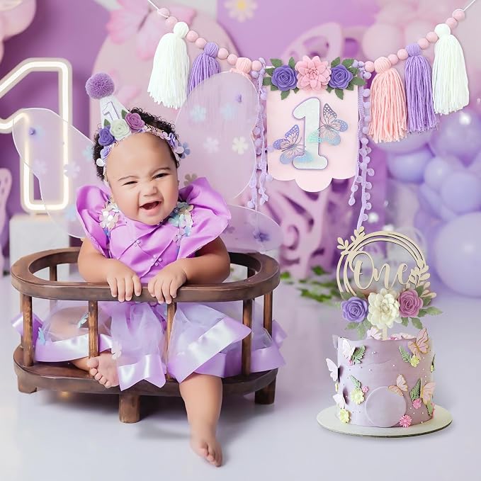 JUIIZAY Flower 1st Birthday Party Decorations for Girl Butterfly Highchair Banner 1st Hat One Floral Cake Topper Party Decor