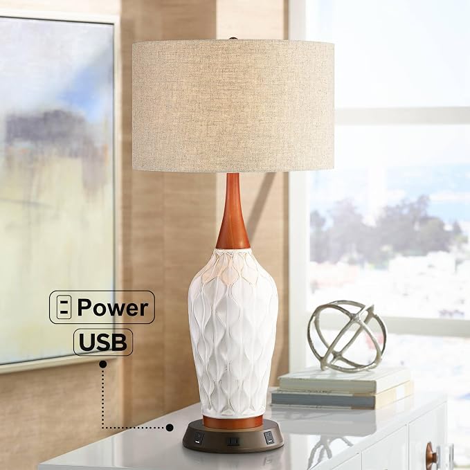 Rocco 30" Large Table Lamp White Ceramic USB Workstation Base Oak Wood