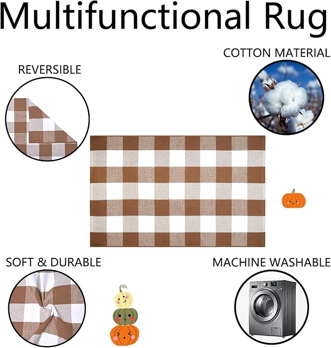 Homydecor Buffalo Plaid Outdoor Rugs, 24'' x 51'' Coffe and White Checkered Area Rug, Layering Rug for Hello/Welcome Door Mat, Washable Cotton Woven Farmhouse Mat for Front Porch Décor