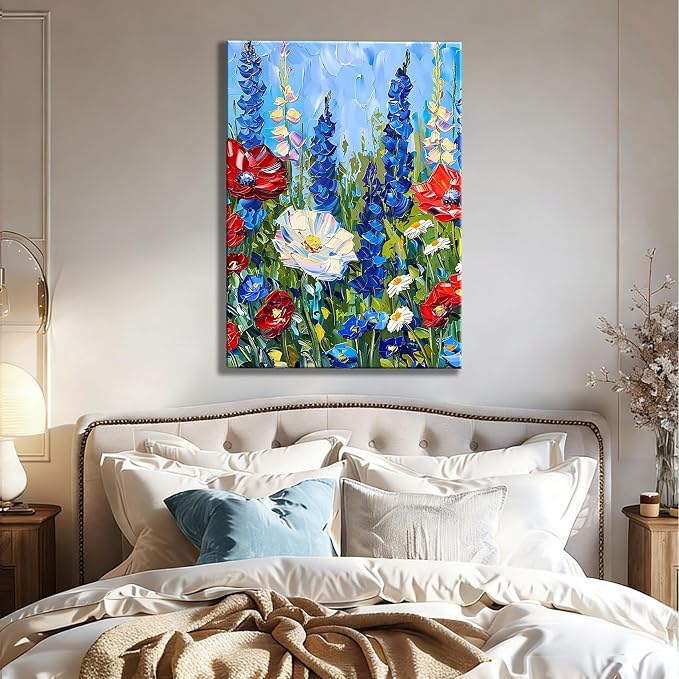 Made USA Framed Red White Blue Wildflower Wall Art, Retro Bedroom Kitchen Wall Decor Rustic 4th of July Independence Day Canvas Prints Artwork, Classic Patriotic Pictures Home Decor