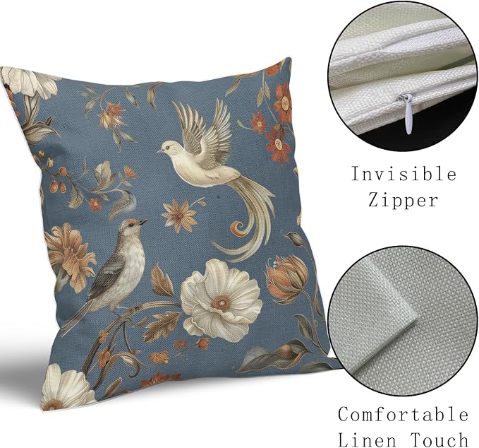 Kawani Vintage Floral Pillow Covers 18x18 Inch Set of 2 Blue Chinoiserie Flower and Bird Outdoor Decorative Throw Pillows Retro Rustic Pillowcases Farmhouse Cushion Covers for Couch Home Decor