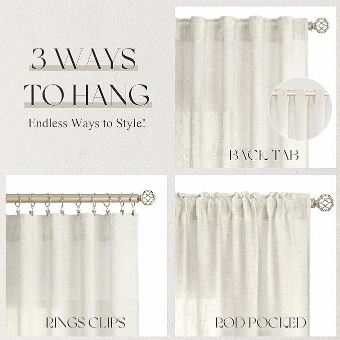 Jowels Warm Beige Linen Curtains 84 Inch Long 2 Panels for Living Room | Light Filtering Semi Sheer Curtain, Back Tab Pocket Pleated Look, Boho Farmhouse Textured Privacy Drapes for Bedroom Window
