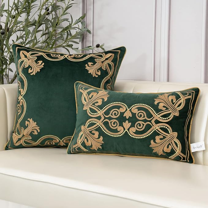 Aeckself European Floral Pillow Cover 24x24 Inch, Large Luxury Velvet Embroidered Decorative Throw Pillow Cover for Couch Bedroom Living Room, Dark Emerald Green and Gold, OBYG-Teal6060