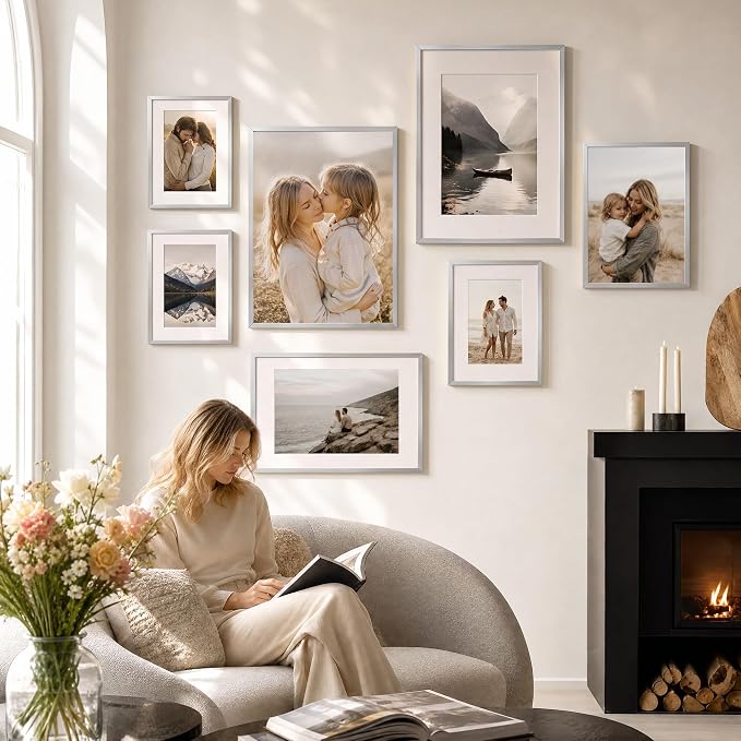 12x16 Picture Frame Silver, Aluminum Metal 12 x 16 Frame with Removable Mat, 12 by 16 Silver Photo Frame Matted to 9x12 Photo, Real Tempered Glass for Home and Office Gallery Wall, 1 Pack