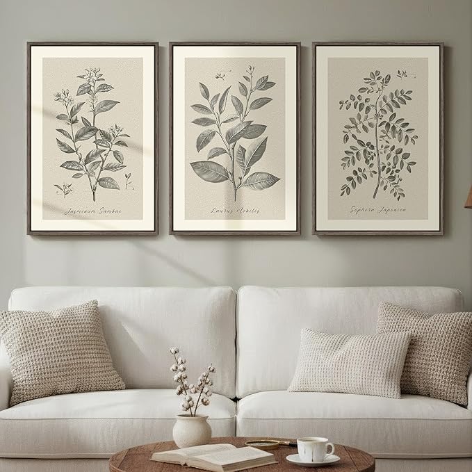 Framed 3 Piece Neutral Vintage Botanical Wall Art for Dining Room, 16x24 In | Wood Frame, Canvas prints, Rustic plants pictures, Modern farmhouse wall decor, Living room bedroom kitchen artwork