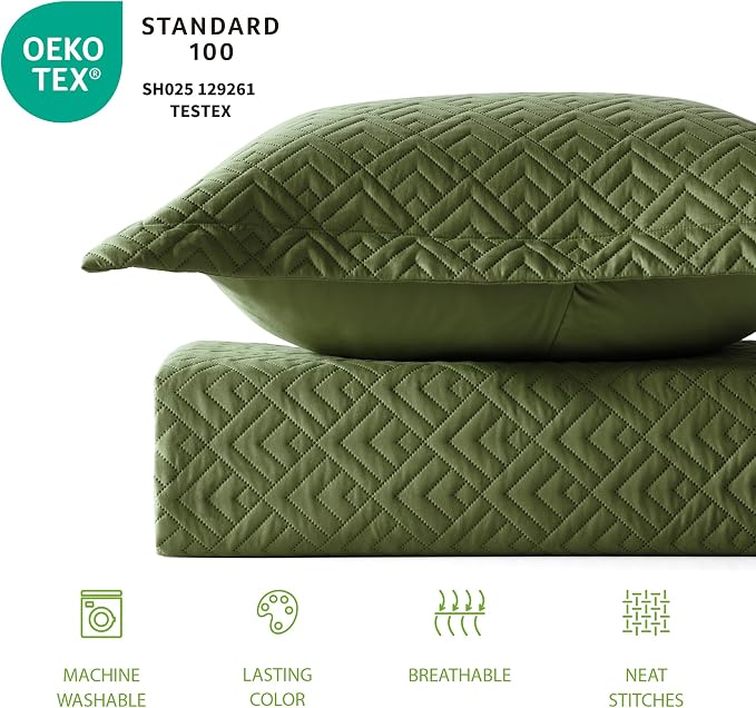 EXQ Home Twin Quilt Set Squares Pattern Forest Green Bedding Set | Soft Microfiber Bedspread, Breathable & Wrinkle-resistant Coverlet. All-season Use for Hot Sleepers. 2-pc Set with 1 Sham