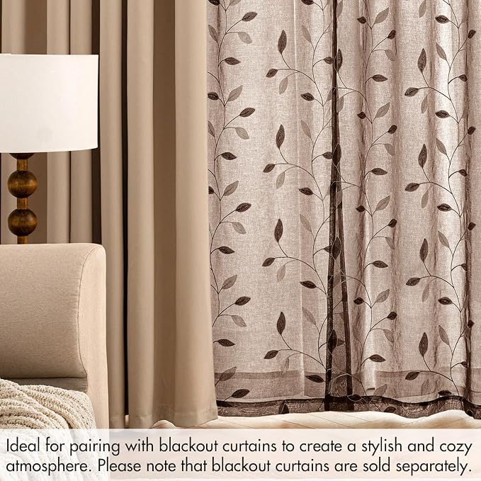 MIULEE Chocolate Brown Sheer Curtains 2 Panels Leaf Patterned, W52 x L63 | Embroidered Floral Semi Sheer,Rod Pocket,Faux Linen,Short Window Curtains Drapes Set for Kitchen/Bathroom/Cafe