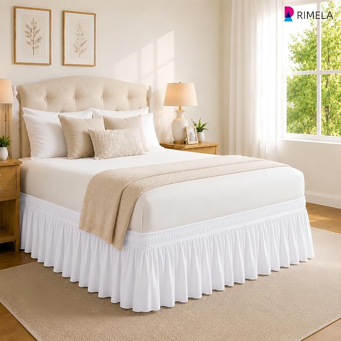 White Bed Skirt King Size 12 Inch Drop, Elastic Wrap Around Bedskirt | Solid Ruffled, Easy to Use, No Mattress Lifting, Wrinkle & Fade Resistant, with Adhesive Strips, Machine Wash/Dry/Iron