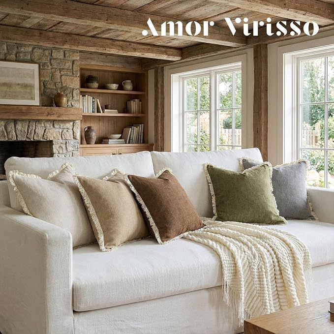 Amor Virisso Fringe Throw Pillow Covers 20x20 Set of 2 Boho Neutral Farmhouse Decorative Pillow Covers with Tassels for Couch Sofa Bed, Cream White