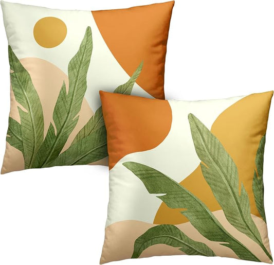 Tropical Leaves Throw Pillow Covers Boho Abstract Pillow Covers Palm Leaf Decorative Square Pillow Case 24x24 for Home Decor Living Room Couch 2 Pack