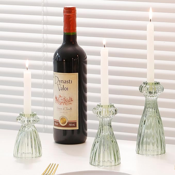 Lysenn Glass Candlestick Holders, Taper Candle Holders Set of 3, Green