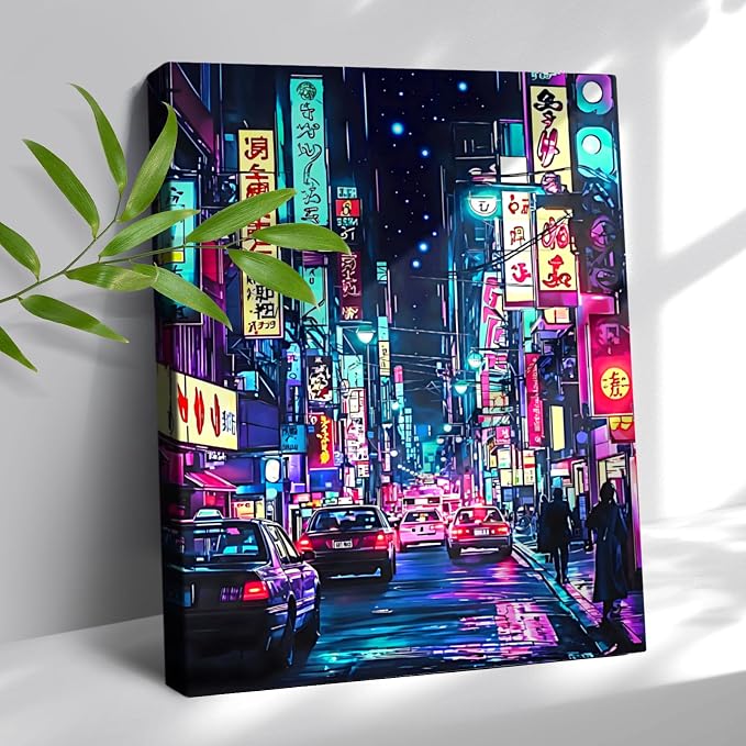 Wesluin 12"x16" Neon Tokyo Canvas – Anime Night Street Japanese Wall Art | Electric avenue glows with synthwave dream. Cyberpunk Asian cityscape. Hook included, ready to hang.