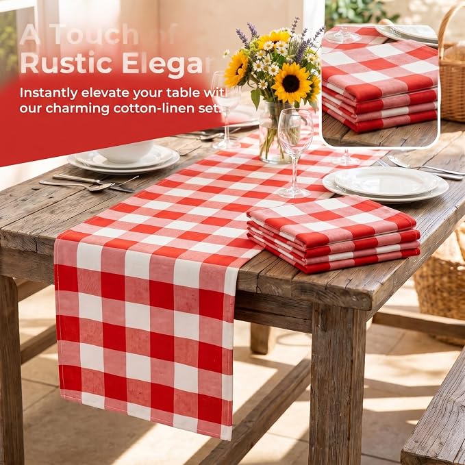ShinyBeauty 4 Packs Checkered Table Runners 72 Inches Long Red and White | Table Runner Christmas Plaid Linen for Farmhouse Dinning Tables, Buffalo Gingham Cotton Soft Durable, Folded Hem 14 Inch Wide