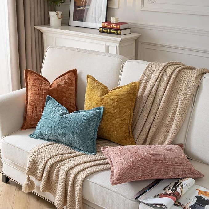 Yaertun Chenille Throw Pillow Covers 20x20 Inch Set of 2 Textured Broadside Soft Cozy Velvet Pillow Covers Modern Farmhouse Boho Decorative Pillow Cases for Couch Bed Sofa Livingroom Ginger
