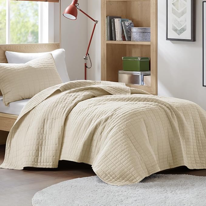 Comfort Spaces Kienna Twin Quilt Bedding Set 2 Piece, 66"x 90" Ivory | Soft Cozy Lightweight Summer Twin XL Coverlet for College Dorm, Quilted Extra Layer, Modern Casual Bedroom Decor, OEKO-TEX