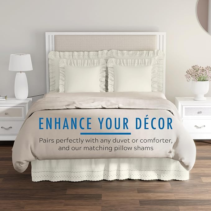 Fresh Ideas Eyelet Bed Skirt, Ruffled Design, 14 Inch Drop, Embroidered Scalloped Edge, Twin, Ivory