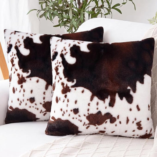 cygnus Cow Print Throw Pillow Covers 18x18 inch | Set of 2,Fluffy Fuzzy ，Faux Fur Throw Pillow Covers for Couch Sofa Living Room Bedroom Decor